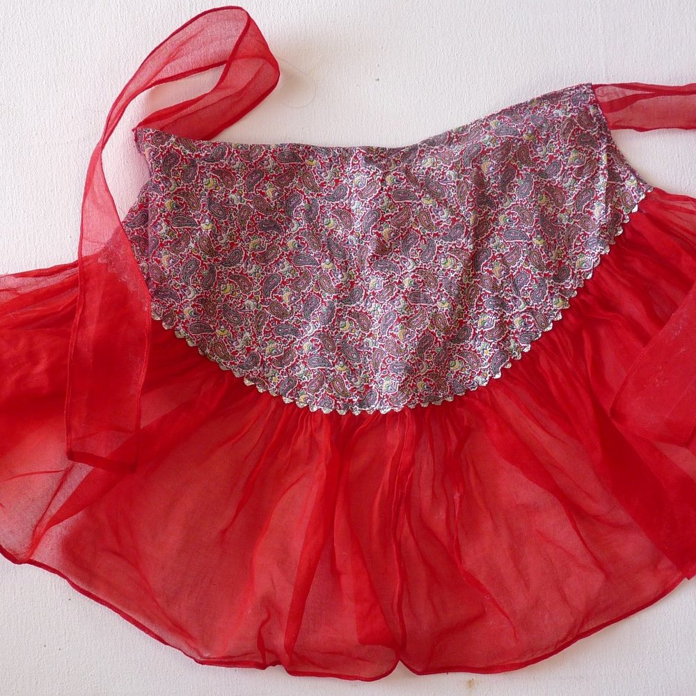 Vintage Christmas cocktail apron red paisley gold mid century